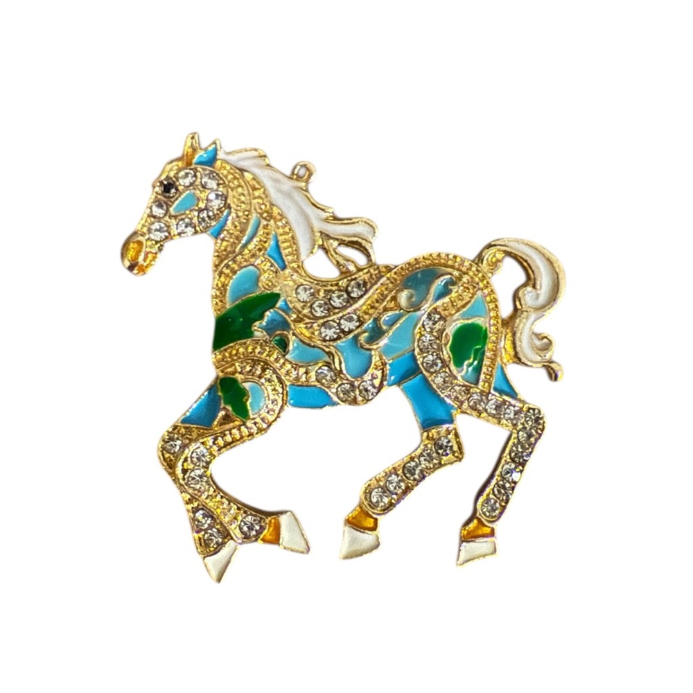 Horse Brooch with Blue and Gold Accents